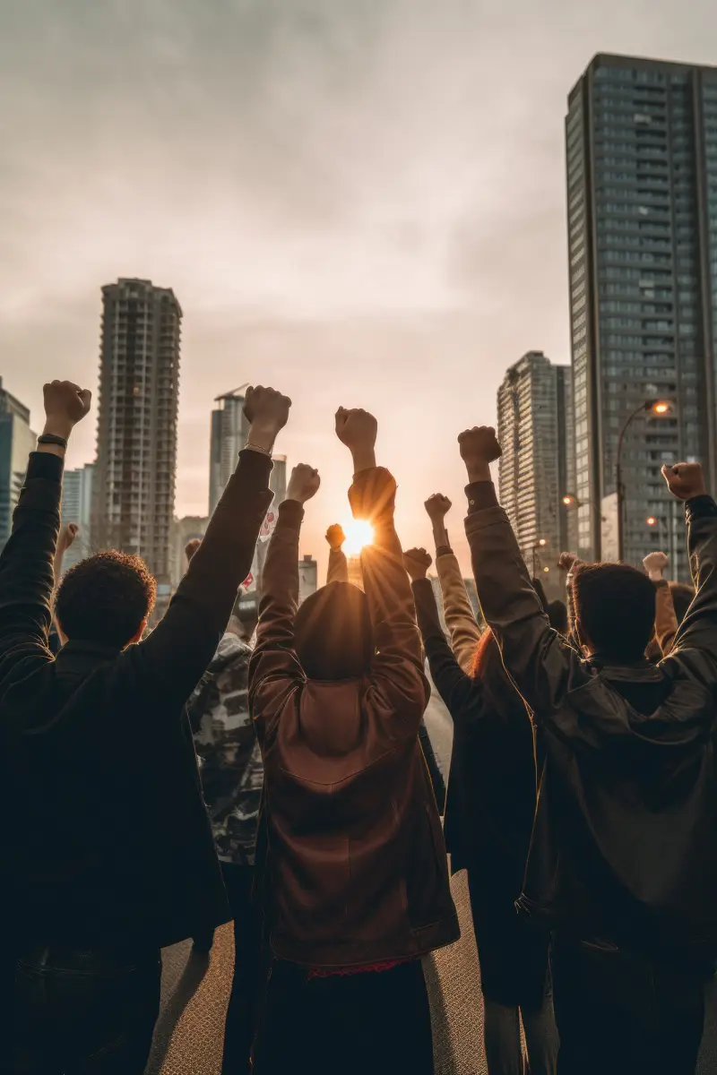 184707785_m A group of people raising their hands in the air. Generative AI image.<br />
